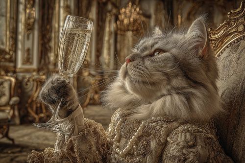 Portret van een Kat met Champagne - Elegant Oude Meesters Schilderij