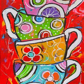 Fröhliche Kaffee-/Teebecher aufgetürmt von Vrolijk Schilderij