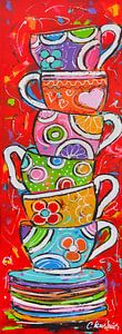 Vrolijke koffie/thee kopjes opgestapeld van Vrolijk Schilderij