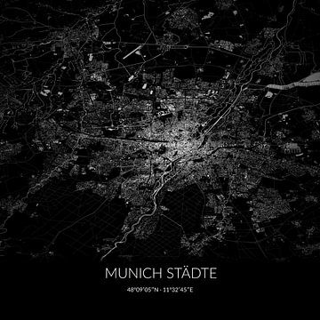 Black and white map of Munich Städte, Bayern, Germany. by Rezona