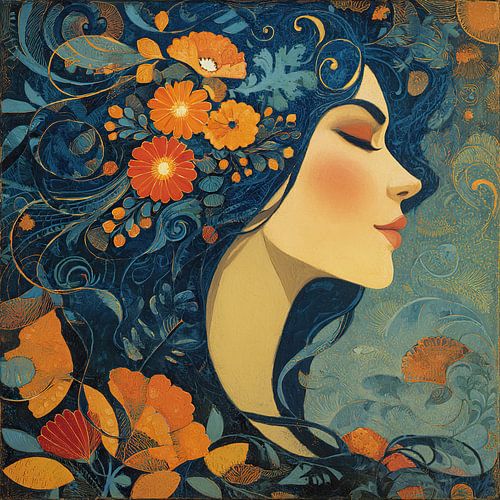 Femme avec fleurs orange | Femme avec cheveux et fleurs bleus