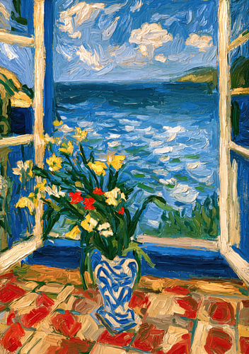 Impressionist Sea Breeze – View from the Window with a Bouquet of Flowers