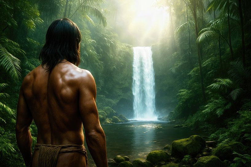 Man kijkt naar waterval in tropische jungle van Markus Gann