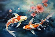 Twee koi karpers tussen de waterlelies aquarel van Vlindertuin-Art thumbnail