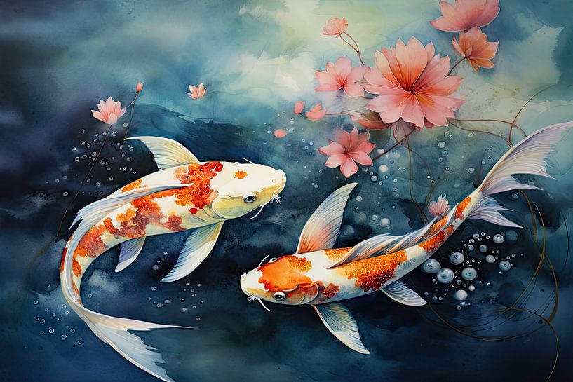 Twee koi karpers tussen de waterlelies aquarel van Vlindertuin-Art