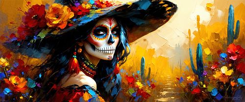 La Catarina, vrouw van de doden, tussen bloei en vergankelijkheid - een Mexicaanse vrouw in het gewaad van Día de los Muertos als symbool van herinnering, de woestijn en de stille weg naar het hiernamaals