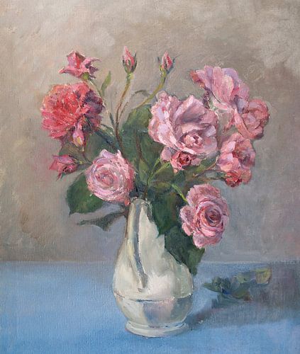 Still life painting with roses in vase - oil on canvas - Pieter Ringoot
