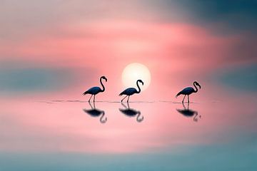 Flamingo's bij zonsondergang ii van Studio BB