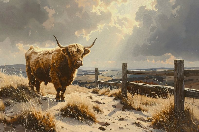 Vache écossaise des Highlands dans un paysage de dunes par Emiel de Lange