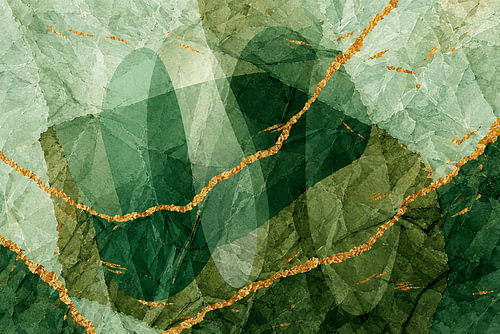 Grünes, abstraktes Kintsugi-Kunstwerk mit goldenen Adern