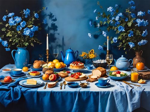 Tisch in kräftigem Blau mit Obst, Käse und Blumen – modernes Stillleben