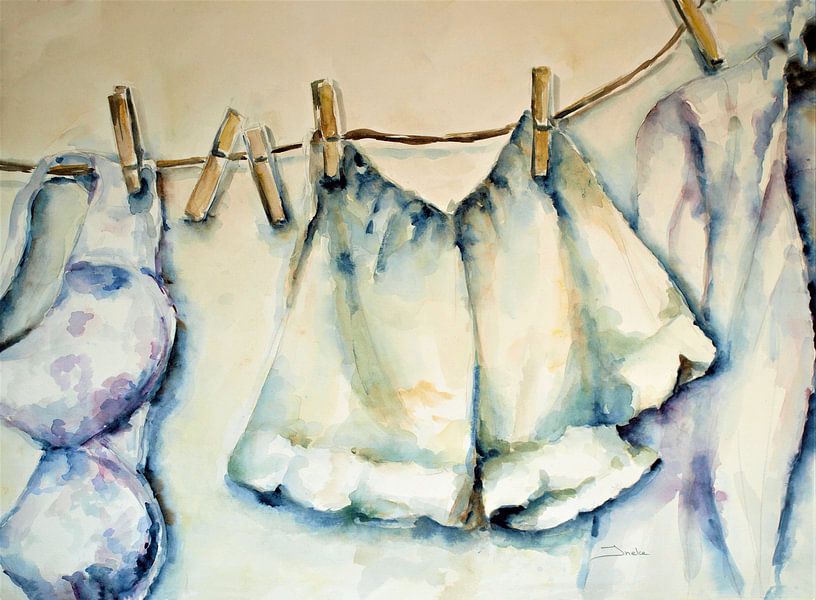 Die saubere Wäsche aufhängen!!! Handgemaltes Aquarell von Ineke de Rijk