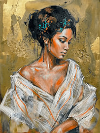 Stimmungsvolles, ausdrucksstarkes Porträt einer eleganten Frau mit goldenen Texturen