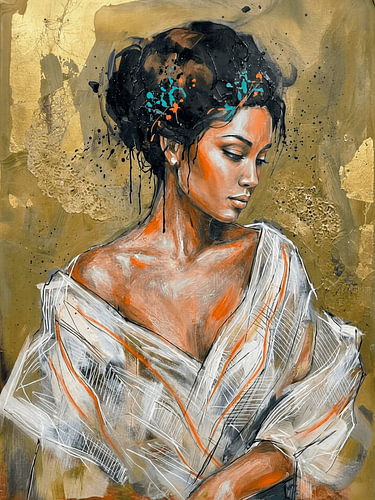 Stimmungsvolles, ausdrucksstarkes Porträt einer eleganten Frau mit goldenen Texturen