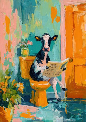 Koe leest krant in bad