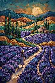 Impasto: Lavendelvelden in de Provence met een rustieke boerderij en de gloed van de zonsondergang van VICTOR S