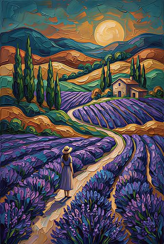Impasto: Lavendelfelder in der Provence mit rustikalem Bauernhaus und Abendrot