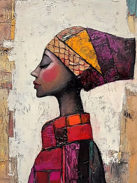 Mixed media portrait woman with turban by haroulita