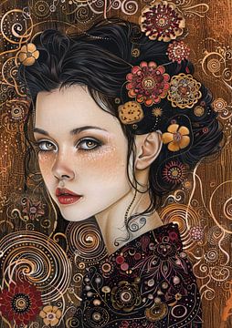 Vrouwenportret | Enigmatic Floral Charm van Abstract Schilderij