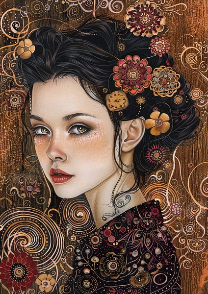 Frauenporträt | Enigmatic Floral Charm von Abstraktes Gemälde