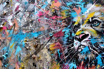 Abstracte leeuw in levendige graffiti-stijl van De Muurdecoratie
