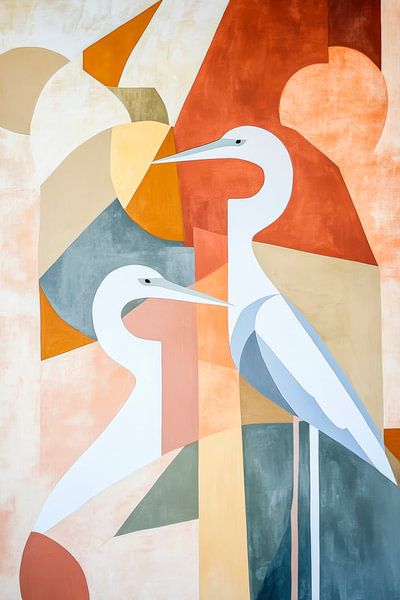 Elegante reigers in een abstract kleurenspel van Poster Art Shop