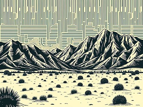 Majestueus uitzicht op een bergketen in een opvallende Linosnede-stijl