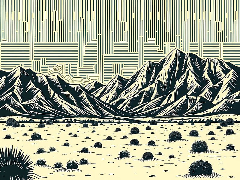 Majestic Mountain Range Vista in a Striking Linocut Style by Artistic