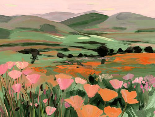 Peinture paysagère représentant une prairie fleurie