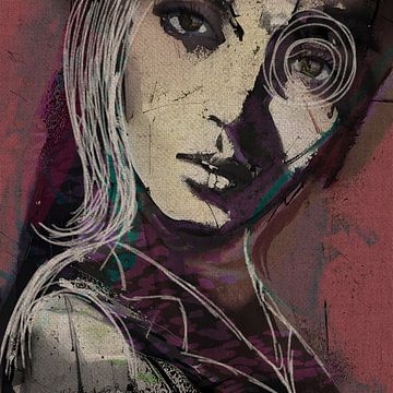 Eyes of Wonder | Frauenportrait - Ausdrucksstarke, urbane Portraitmalerei in Rosa, Lila und Grün von MadameRuiz