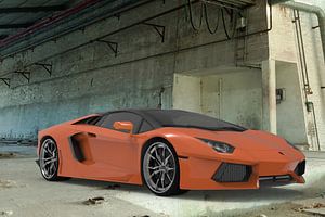 Sportwagen orange Vorderseite links Gebäude