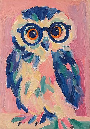 Kleurrijke uil met een blauwe bril op roze