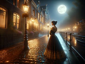 Mooie vrouw in victoriaanse kleding stijl  in Amsterdam rond 1800 bij nacht van Eye on You