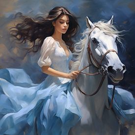 Peinture à l'huile d'une belle jeune fille vêtue d'une robe bleue et chevauchant un cheval sur Animaflora PicsStock