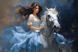 Ölgemälde eines schönen Mädchens in einem blauen Kleid, das auf einem Pferd reitet
