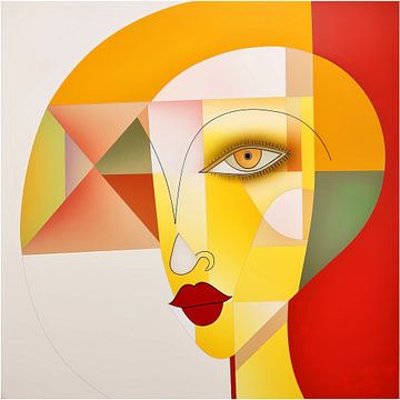vrouwengezicht in abstracte moderne kunst in geel en rood. van LidyStuit