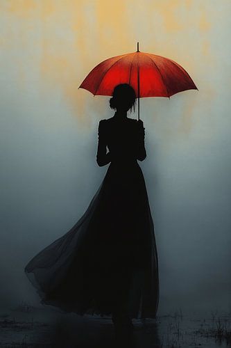 Einsamer Wanderer mit rotem Regenschirm