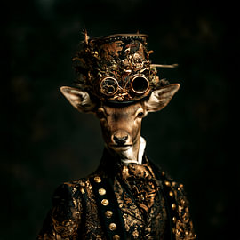 brown stag in a steampunk coat and hat by Margriet Hulsker