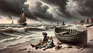 Kinderen op stormachtig Nederlandse strand 1870