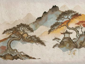 Tijdloze Zen: Japans Landschap met Pagode en Pijnboom van Studio Pieternel