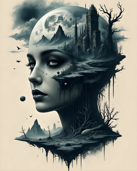 Poster Femme Lune - Impression d'art mystique en noir et blanc entre nature et ruines par Conpo Design