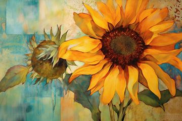 Sunflower | Golden sun in peaceful setting | Floral painting, Fresco painting by Blikvanger Schilderijen