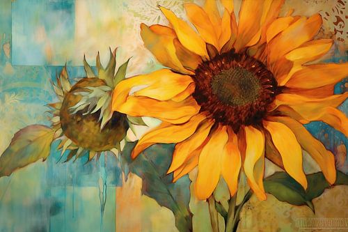 Sonnenblume | Goldene Sonne in friedlicher Umgebung | Florale Malerei, Freskomalerei