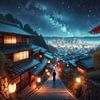 Tijdloze Schoonheid: Zonsondergang in een Oud Japans Dorp met Bergzicht