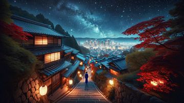 Tijdloze Schoonheid: Zonsondergang in een Oud Japans Dorp met Bergzicht