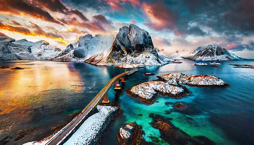 Noorwegen met zonsondergang