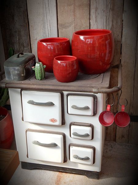 Old Stove With Red Pots by Dorothy Berry-Lound