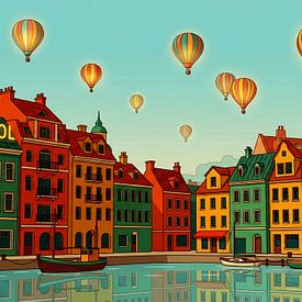 Illustration d'un paysage urbain portuaire européen aux accents rétro sur Artkreator