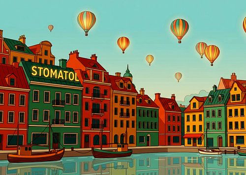 Illustratie van een Europese havenstad met een retro-sfeer