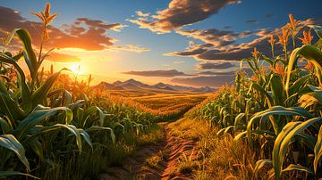 Champ de maïs avec sentier au coucher du soleil dans les montagnes sur Animaflora PicsStock